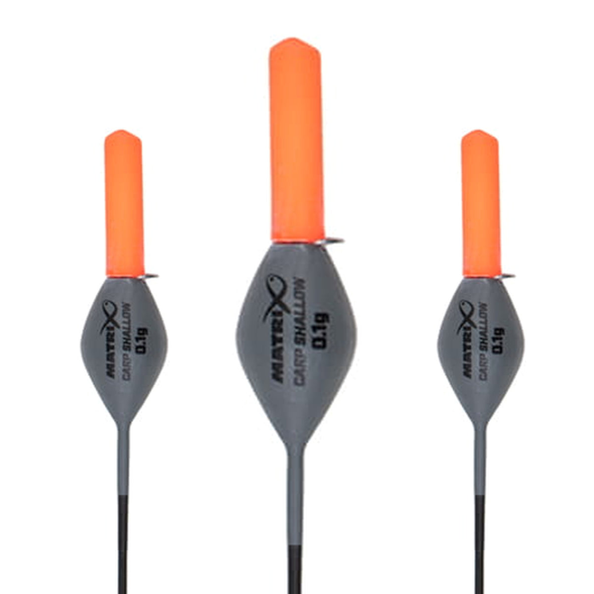 Matrix Carp Shallow Carbon Pole Floats 0.10g – drie oorspronkelijke dobbers met oranje antenne en leesbare centrale 0.1g-opdruk