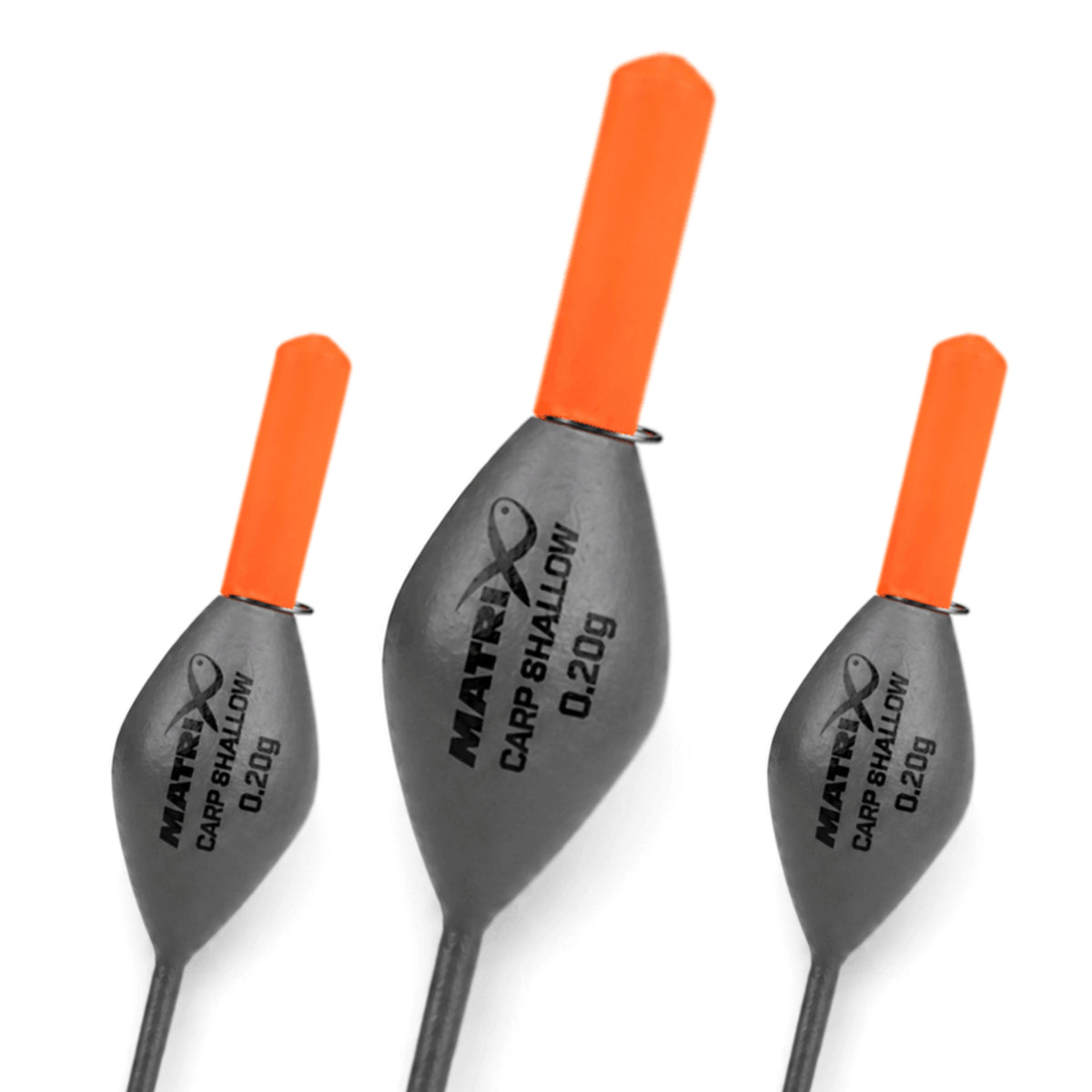 Matrix Carp Shallow Carbon Pole Floats 0.20g – drie oorspronkelijke dobbers met oranje antenne en leesbare centrale 0.20g-opdruk