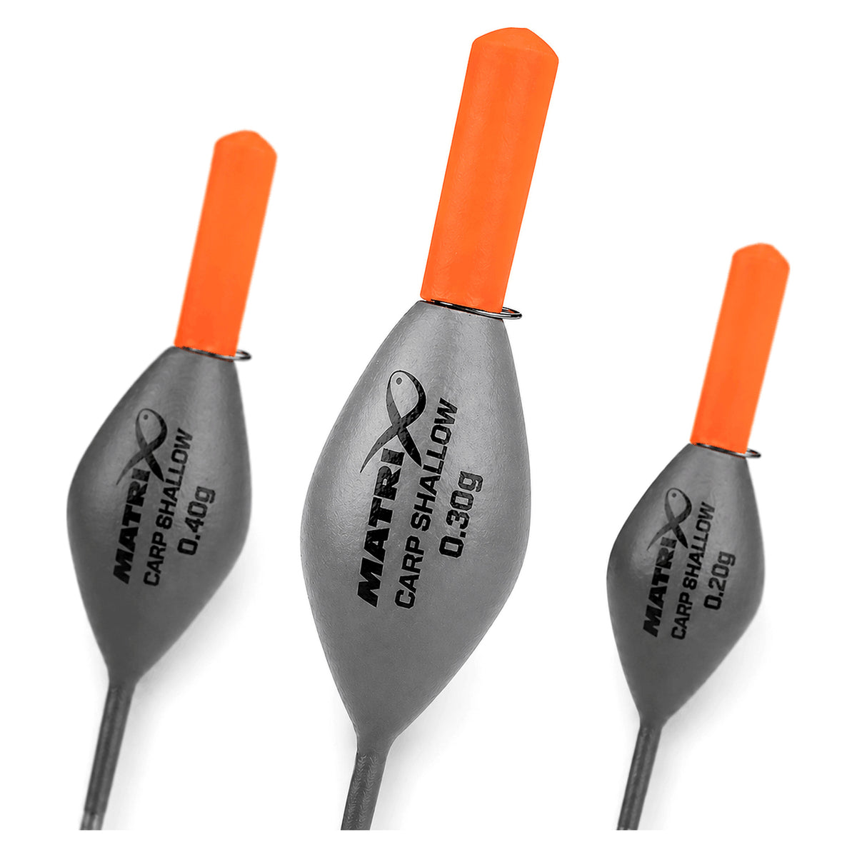 Matrix Carp Shallow Carbon Pole Floats – drie dobbers met oranje antenne en centraal de leesbare 0.30g-opdruk