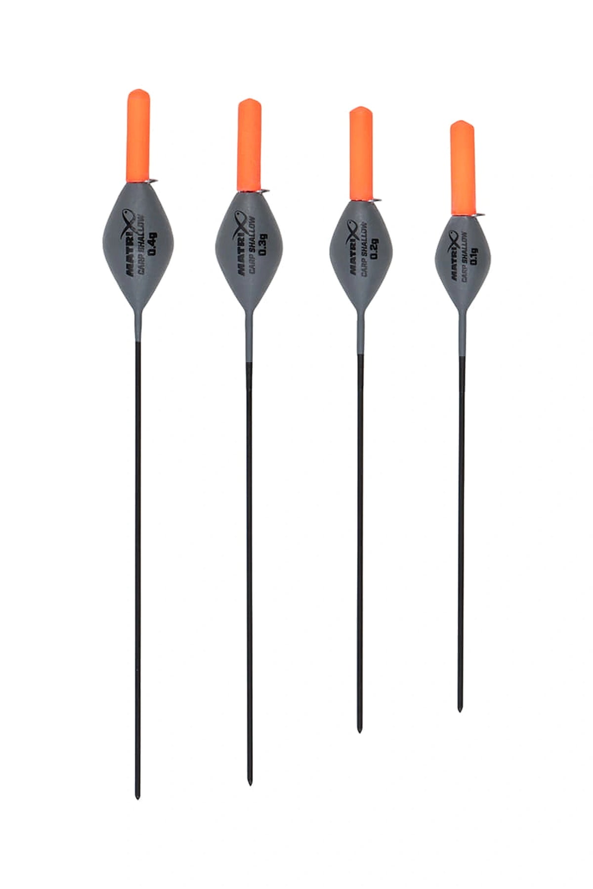 Matrix Carp Shallow Carbon Pole Floats – vier dobbers van 0.40g tot 0.10g met volledige onderstelen op witte achtergrond