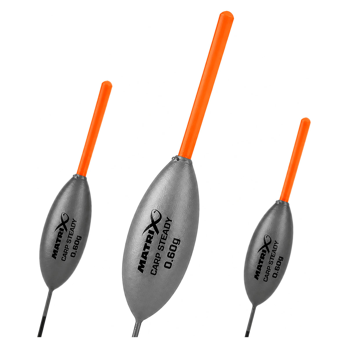 Matrix Carp Steady Pole Floats – drie dobbers met oranje antennes en centraal de leesbare 0.60g-opdruk