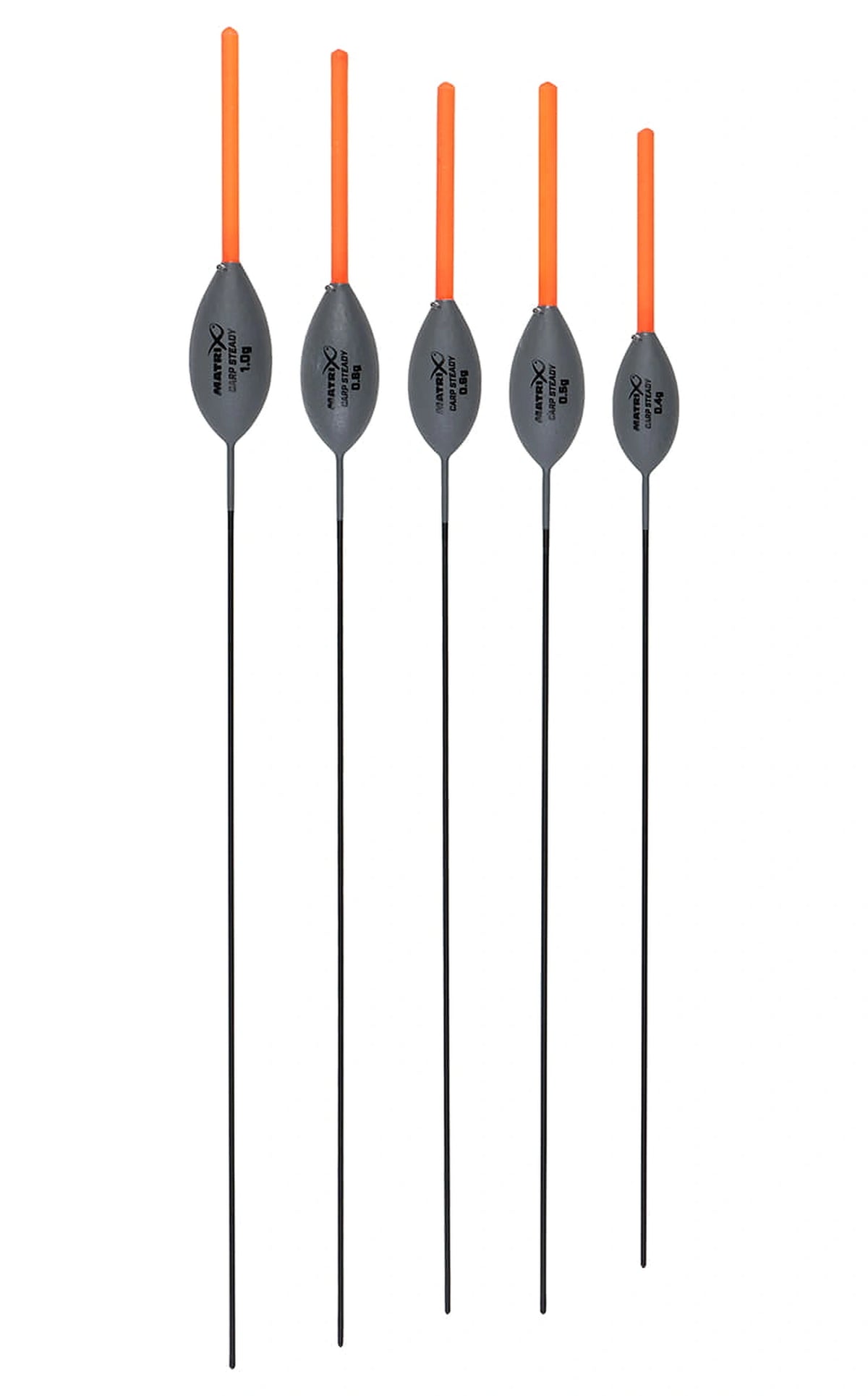 Matrix Carp Steady Pole Floats – vijf dobbers van 1.0g tot 0.4g met volledige onderstelen op witte achtergrond