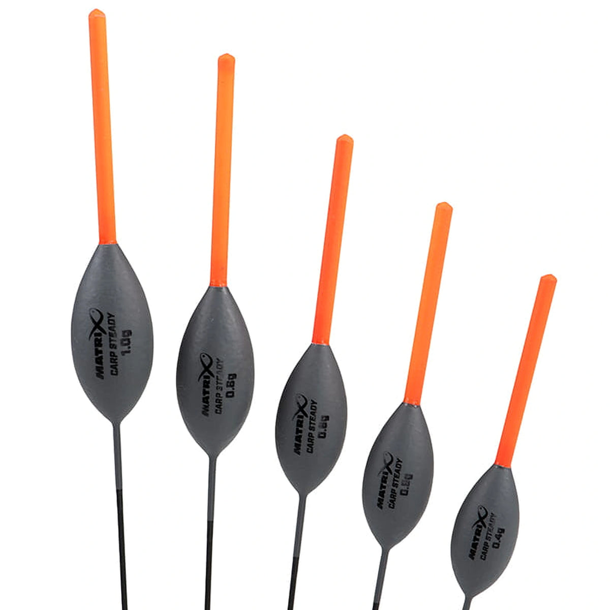 Matrix Carp Steady Pole Floats – overzicht van vijf dobbers met de gewichten 1.0g, 0.8g, 0.6g, 0.5g en 0.4g