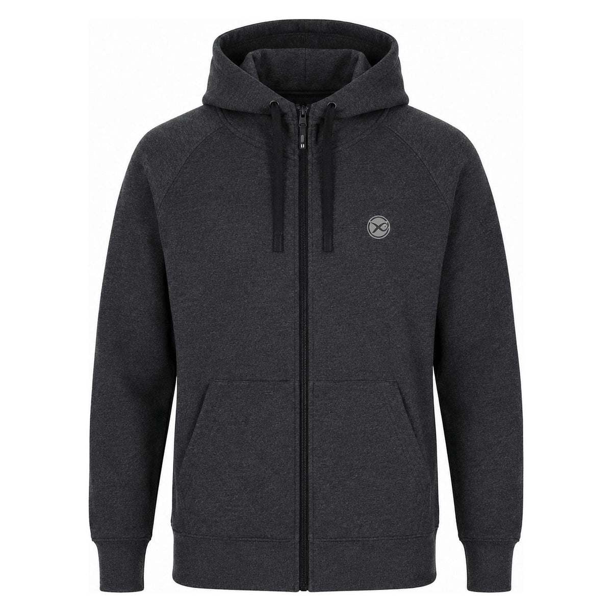 Matrix Charcoal Marl Zip Hoody met volledige rits, capuchon en grijs Matrix-logo, vooraanzicht