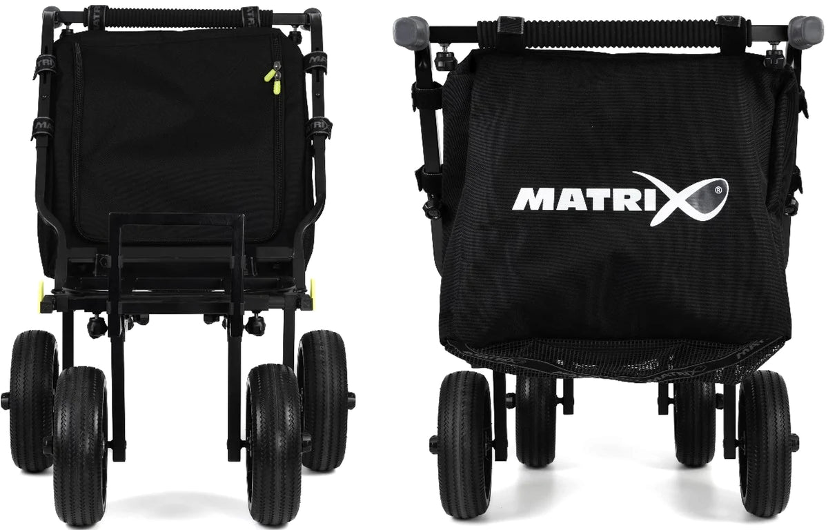 Matrix Compact 4 Wheel Transporter: voor- en achteraanzicht naast elkaar met Matrix-logo op de tas