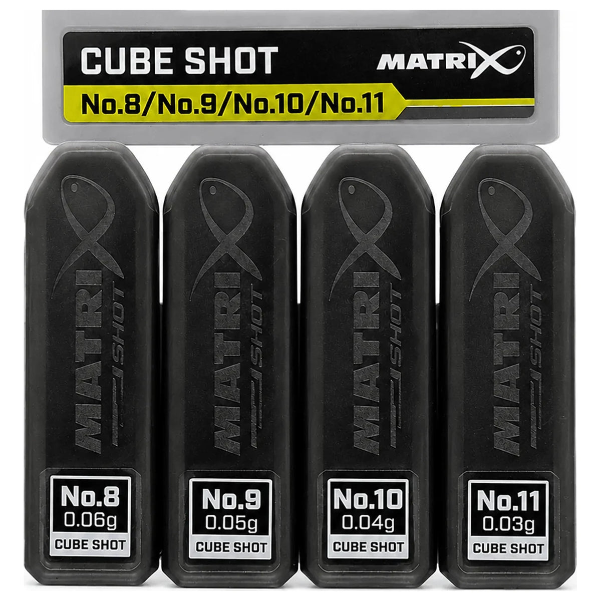 Vier Matrix Cube Shot dispensers, nummers 8 tot en met 11, met gewichtslabels