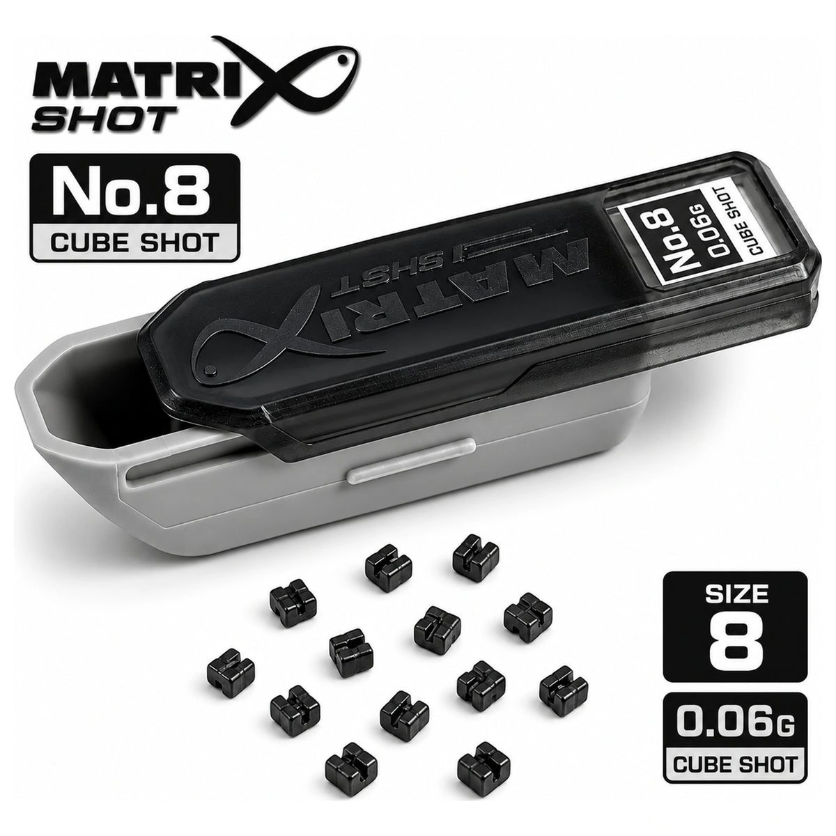 Matrix Cube Shot maat 8 loodjesdispenser met losse vierkante loodjes en 0,06 g-opdruk