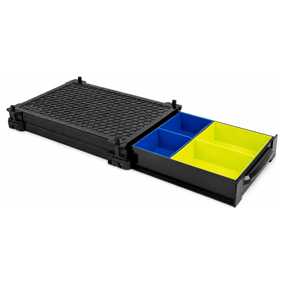 Matrix Deep Drawer Unit – open zwarte lade met blauwe en gele inzetbakken