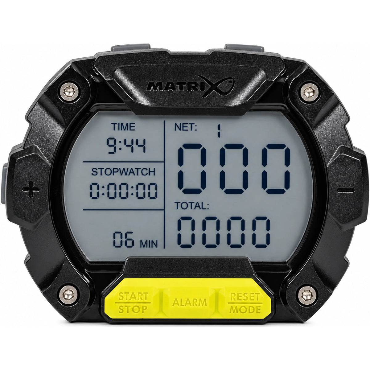Matrix Digital Clicker Pro: zwarte visteller met digitaal scherm en gele knoppen, vooraanzicht.