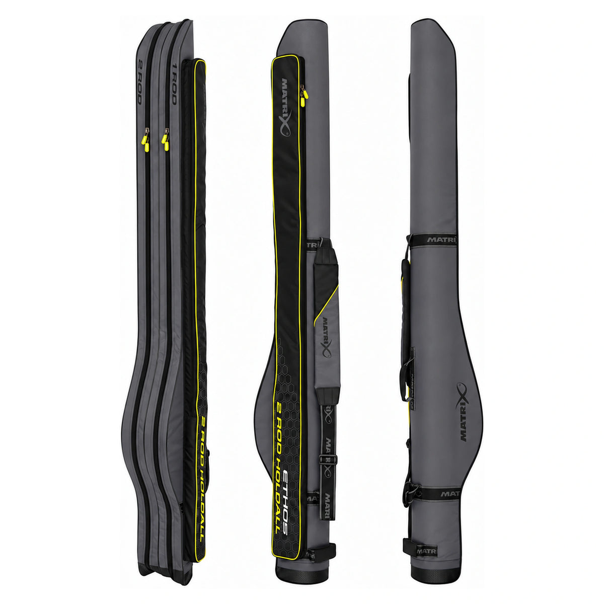 Matrix Ethos 2 Rod Holdall – drie aanzichten van het grijze foedraal met verbreding voor molens en zwart buitenvak