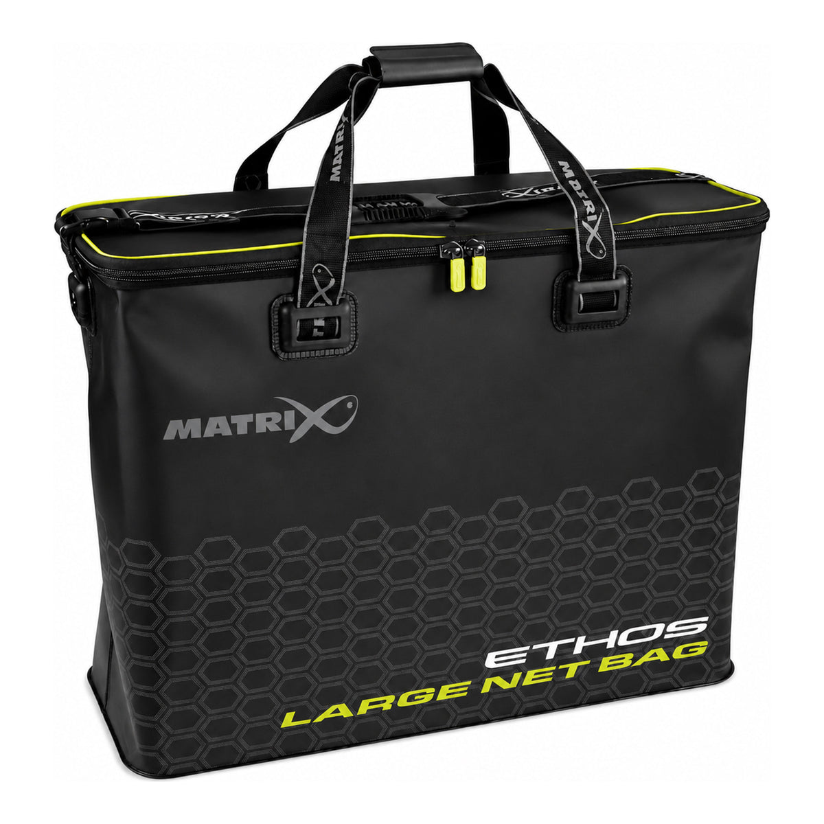 Matrix Ethos EVA Net Bag Large: zwarte leefnettas met draaggrepen en gele ritstrekkers