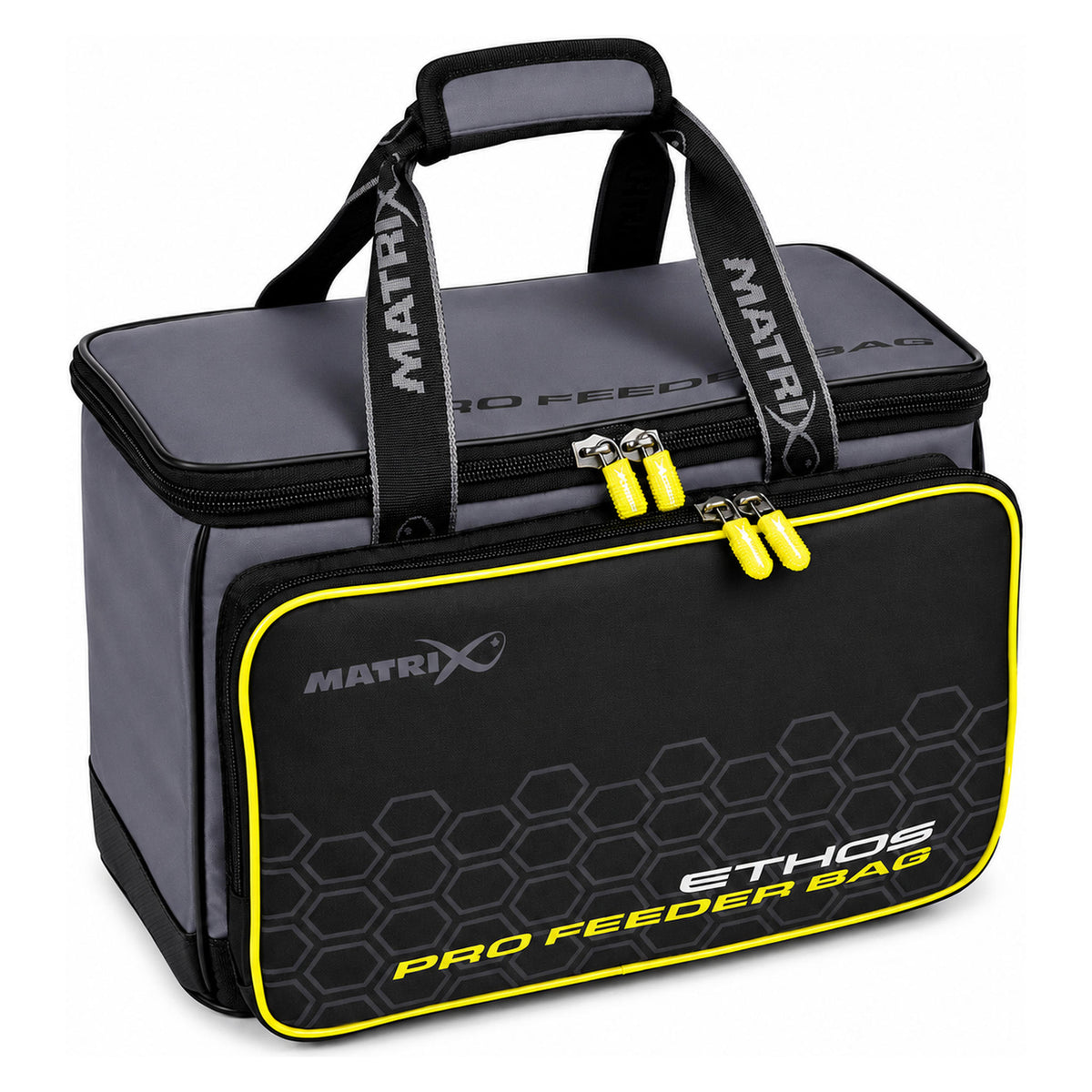 Matrix Ethos Pro Feeder Bag GLU148 – gesloten zwarte feedertas met gele biezen en rechtopstaande draaggrepen