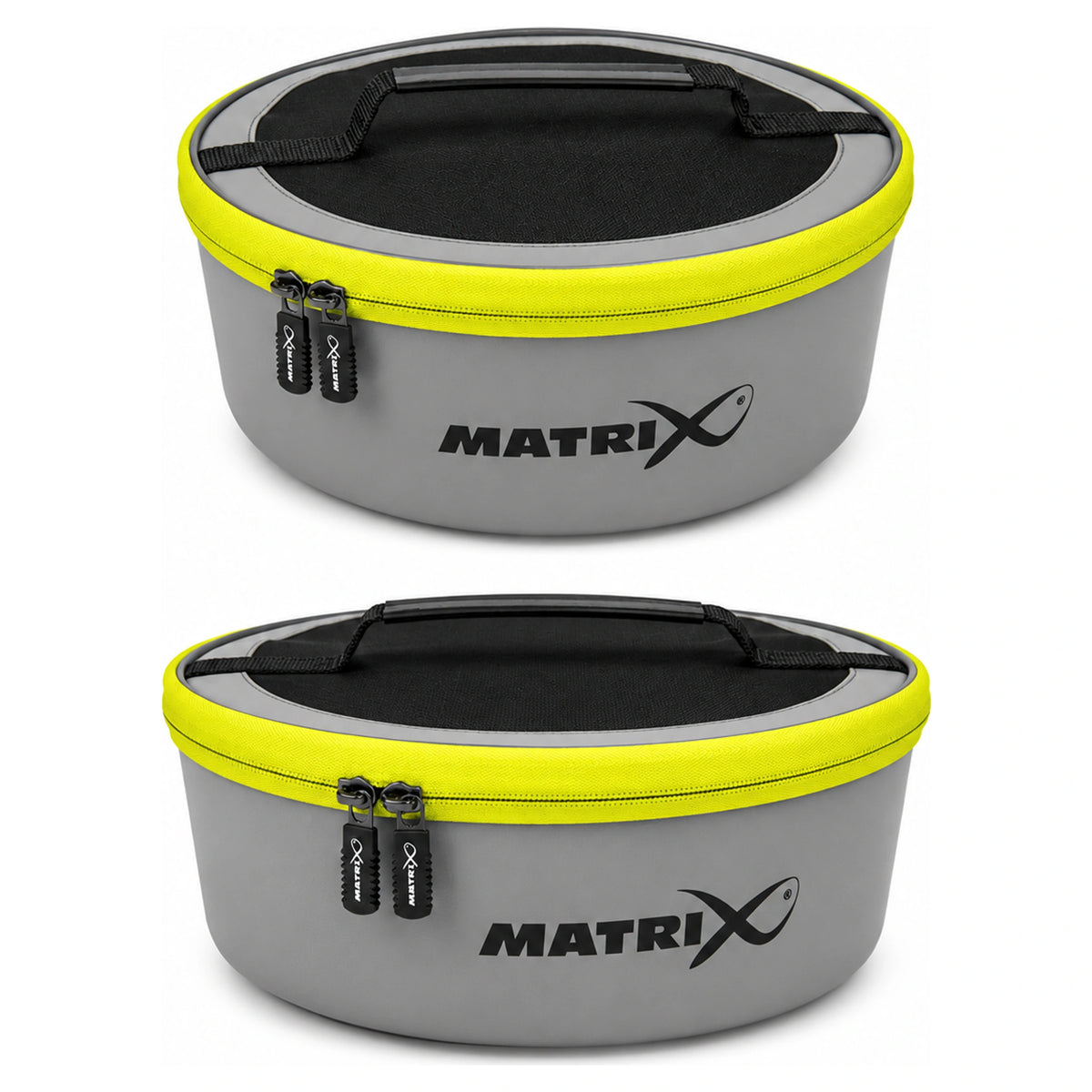 Matrix EVA Airflow Bowls in twee bestaande productaanzichten, met grijze bak, gele rits en zwart gaasdeksel
