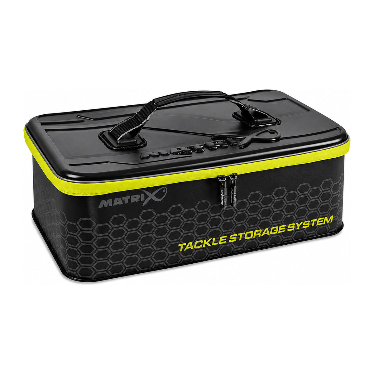 Gesloten Matrix EVA Tackle Storage System met draaggreep en geelgroene ritssluiting