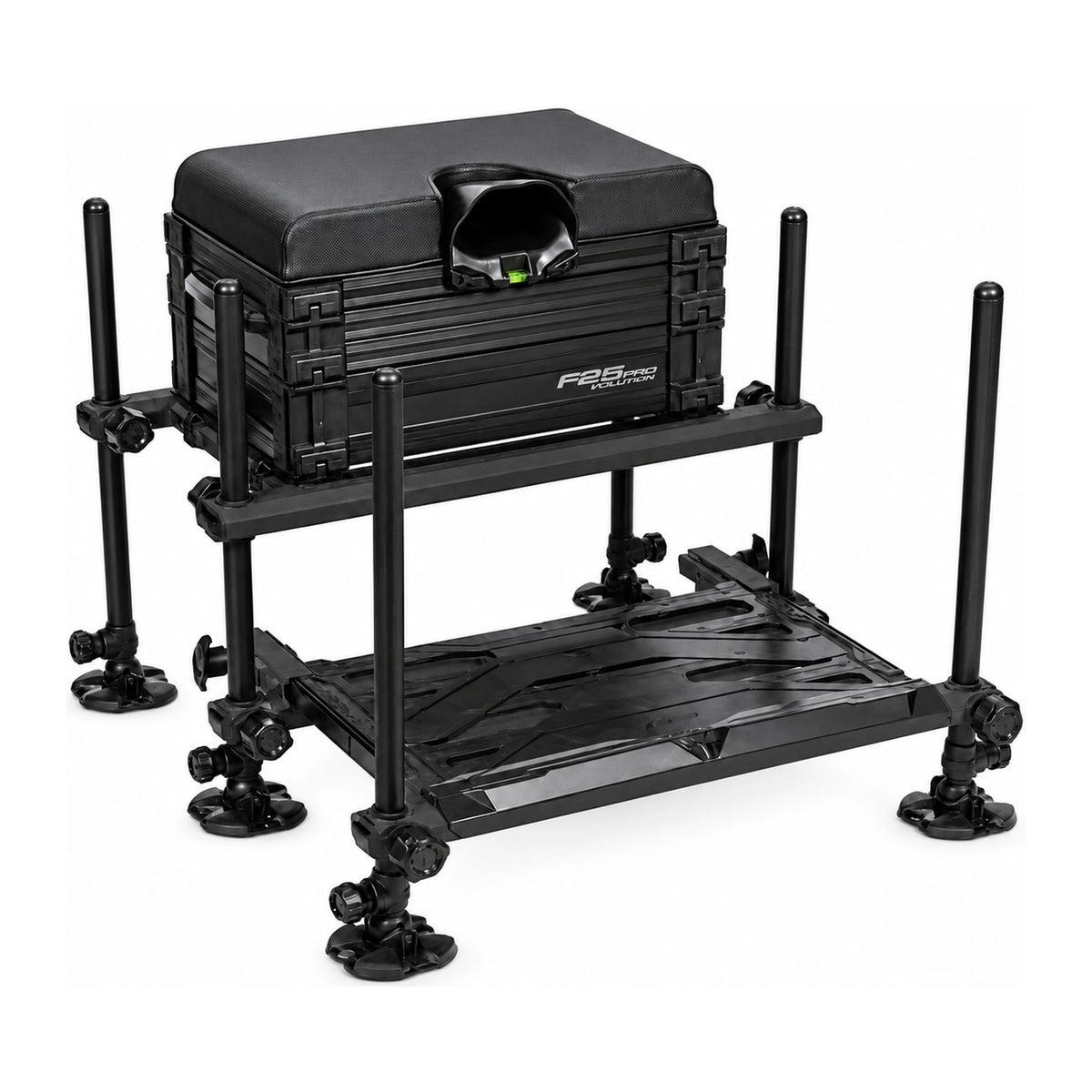 Matrix F25 Pro Seatbox Black Edition zitkist met zes zwarte poten en uitgeschoven voetplaat