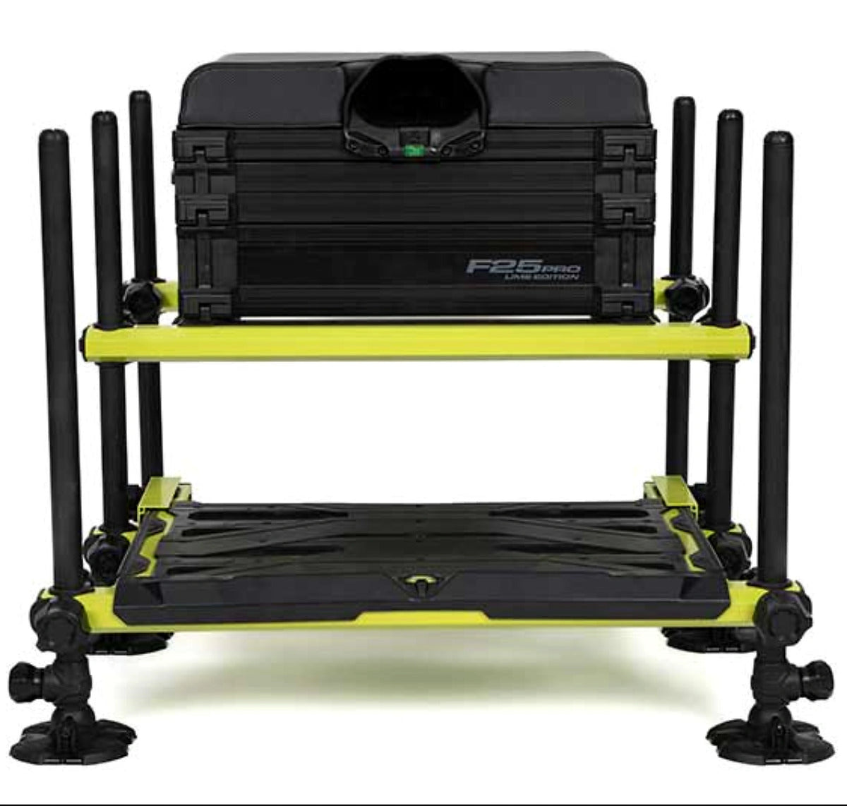 Vooraanzicht van de Matrix F25 Pro Seatbox Lime Edition met zes zwarte poten, lime frame en uitgeschoven voetplaat