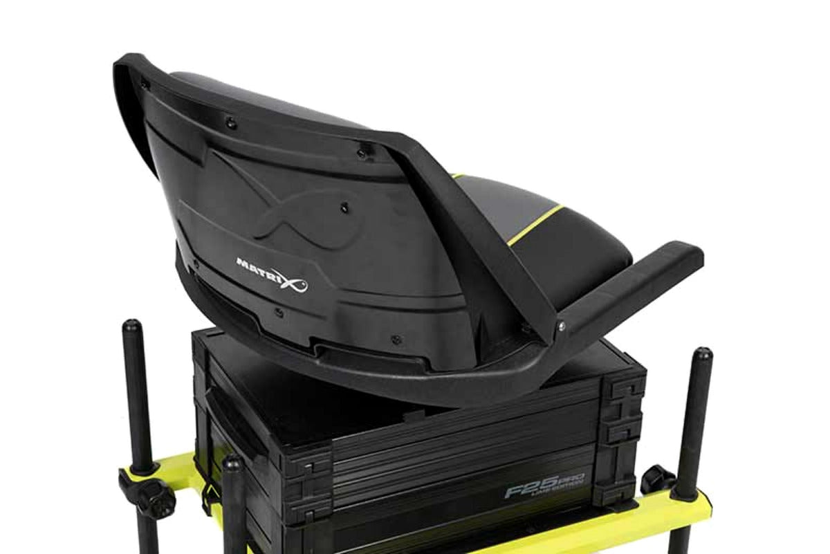 Matrix F25 Pro Swivel Seatbox Lime Edition met achterkant van de draaistoel en Matrix-logo op de rugleuning