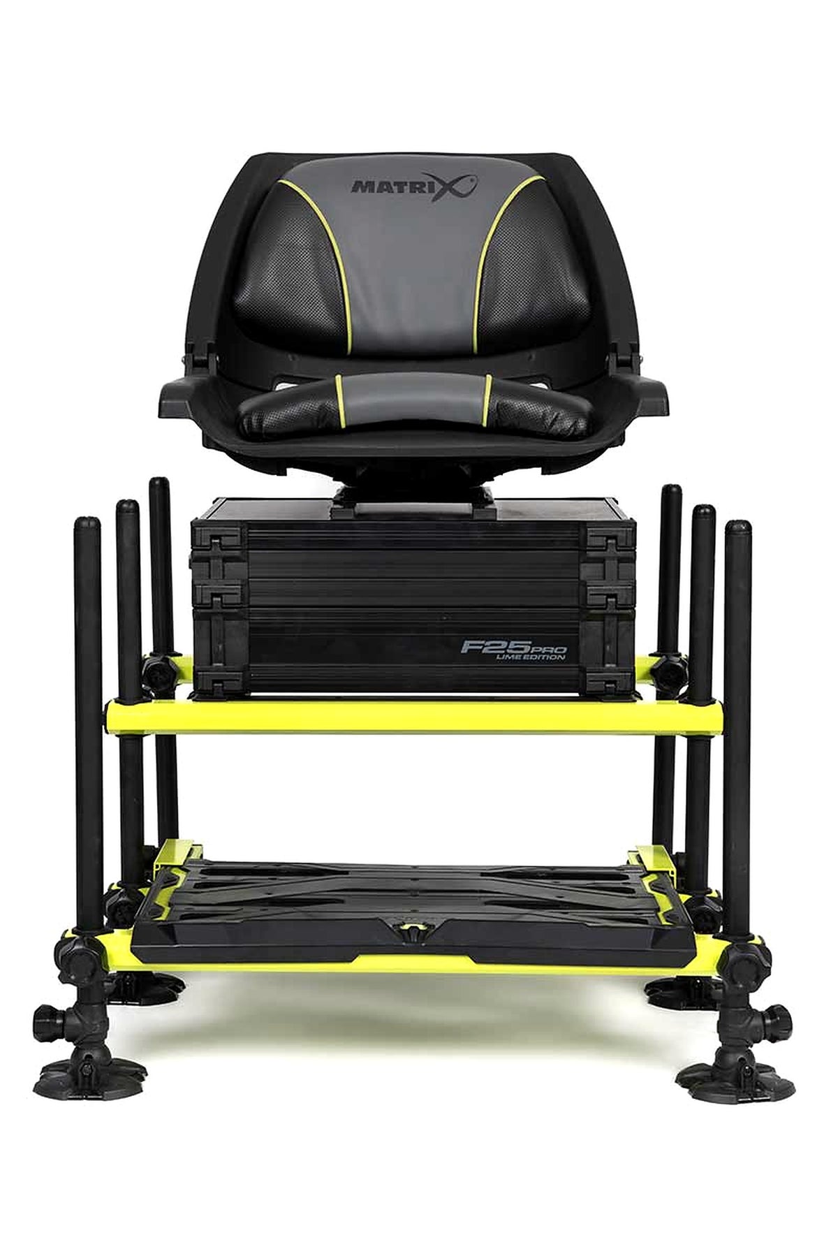 Matrix F25 Pro Swivel Seatbox Lime Edition van voren met draaistoel en breed voetplateau