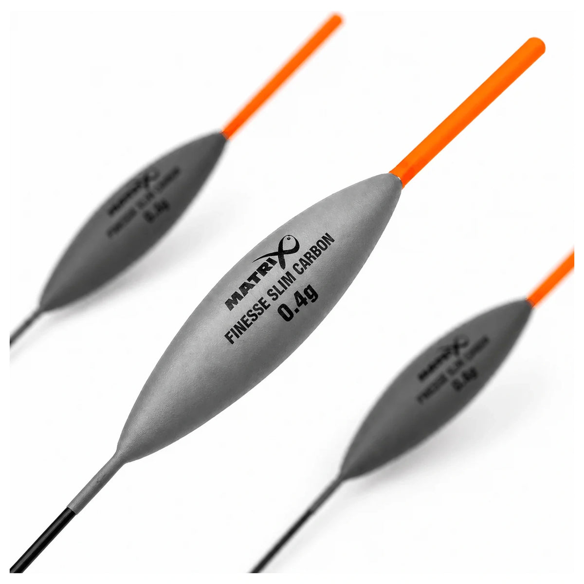 Drie Matrix Finesse Slim Carbon dobbers met grijze lichamen en oranje antennes