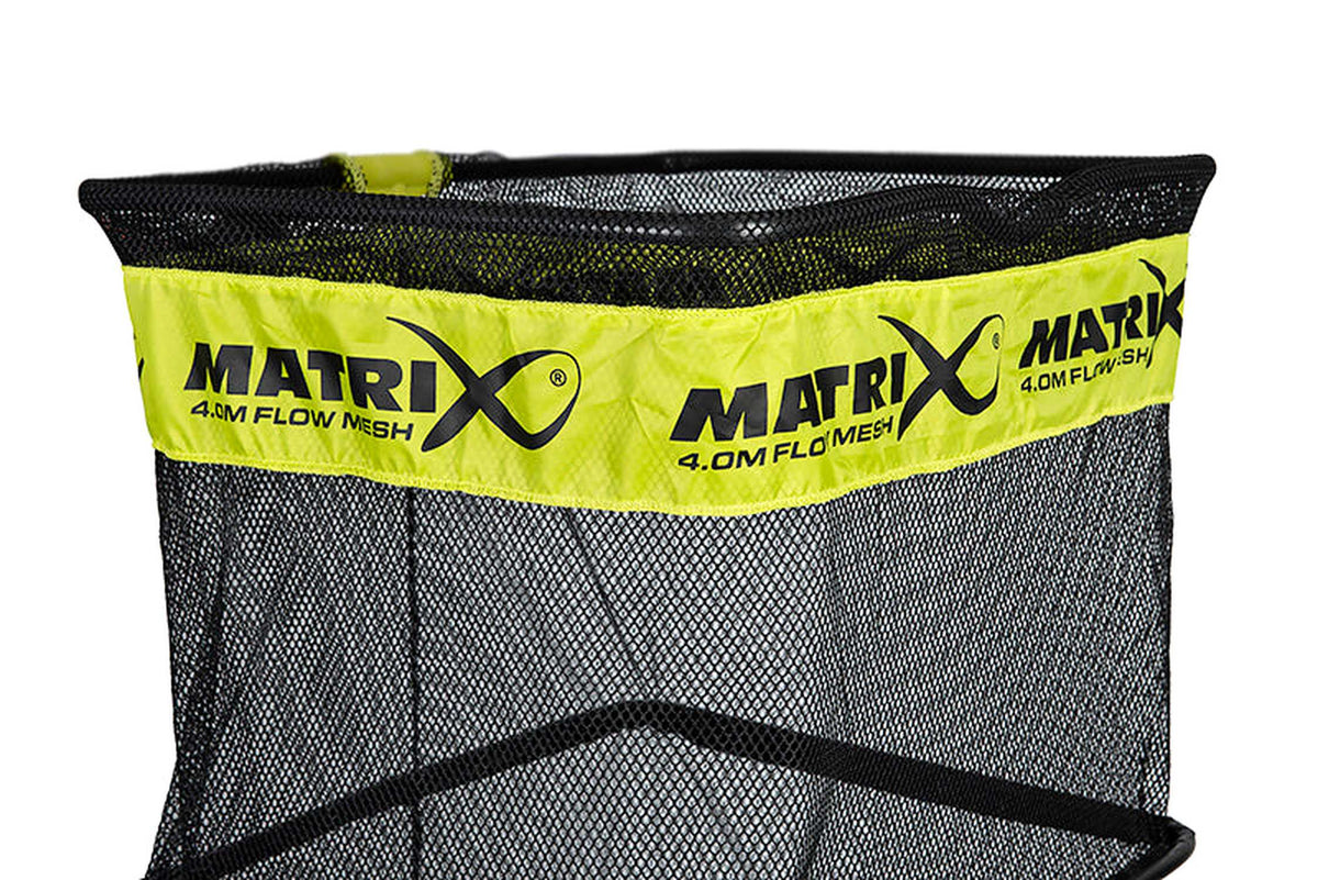 Matrix Flow Mesh Keepnet 4m – geopende bovenste netsectie met gele Matrix-band en zichtbare mazen