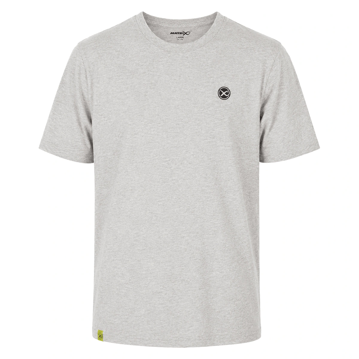 Matrix Grey Mini Logo T-shirt GPR421–GPR426 – volledige voorzijde van het grijze shirt met klein rond borstlogo en groen label aan de zoom