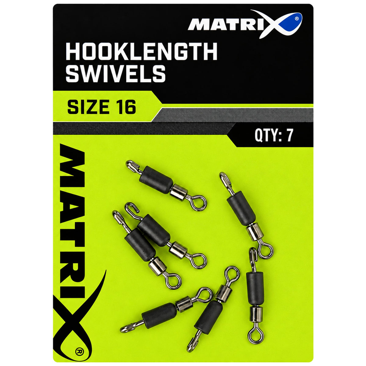 Zwart-lime Matrix-verpakking met zeven zilverkleurige onderlijnwartels met zwarte hulzen, opdruk Hooklength Swivels, Size 16 en Qty 7.