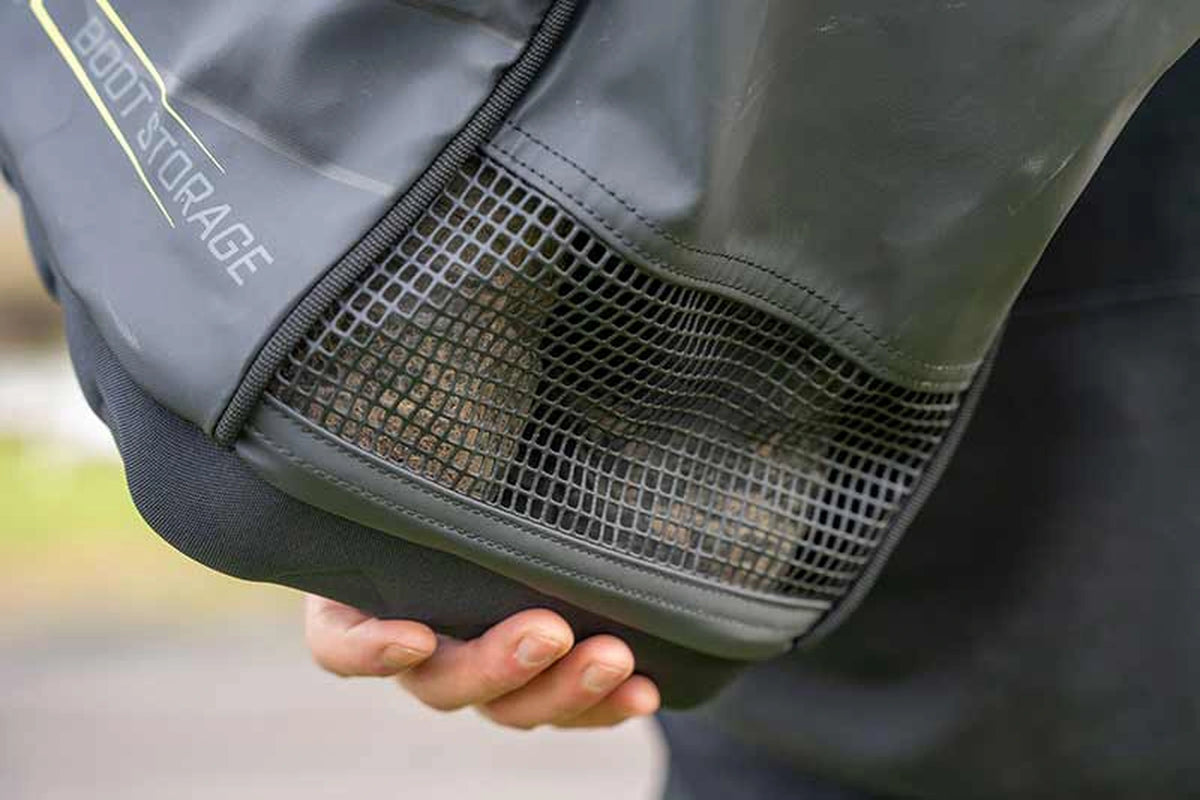 Matrix Horizon X Boot Storage Bag – buitenfoto van het gaaspaneel met modderige laarzen zichtbaar achter het gaas