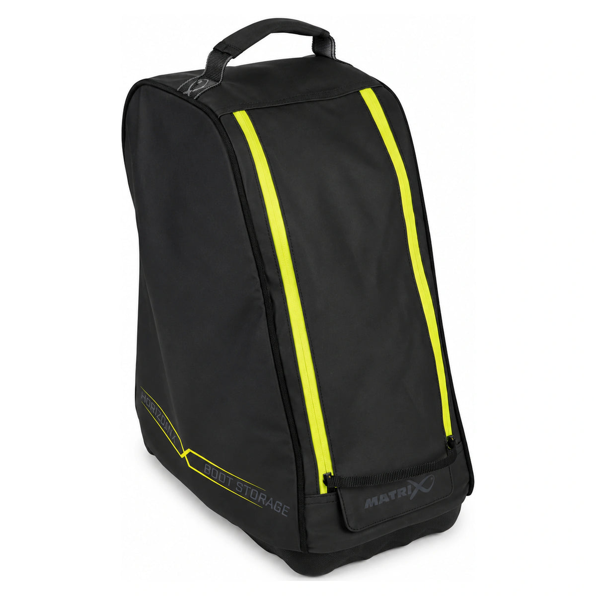 Matrix Horizon X Boot Storage Bag – zwarte laarzentas met twee gele ritsen, draaggreep en lage voorflap