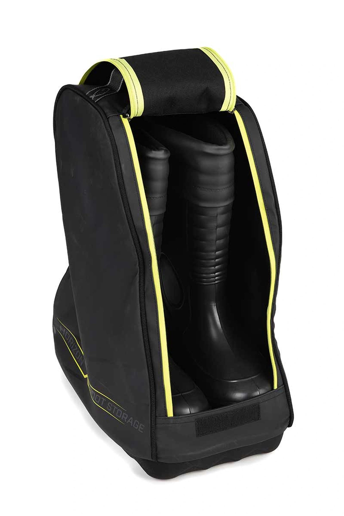 Matrix Horizon X Boot Storage Bag – open zwarte laarzentas met opgerolde voorflap, gele ritsen en twee zwarte laarzen