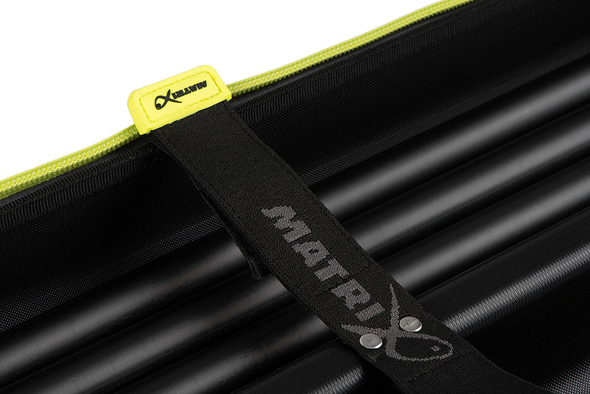 Matrix Horizon X Multi Pole Holdall – close-up van de Matrix-binnenriem met drukknopen en gele bevestiging over hengeldelen