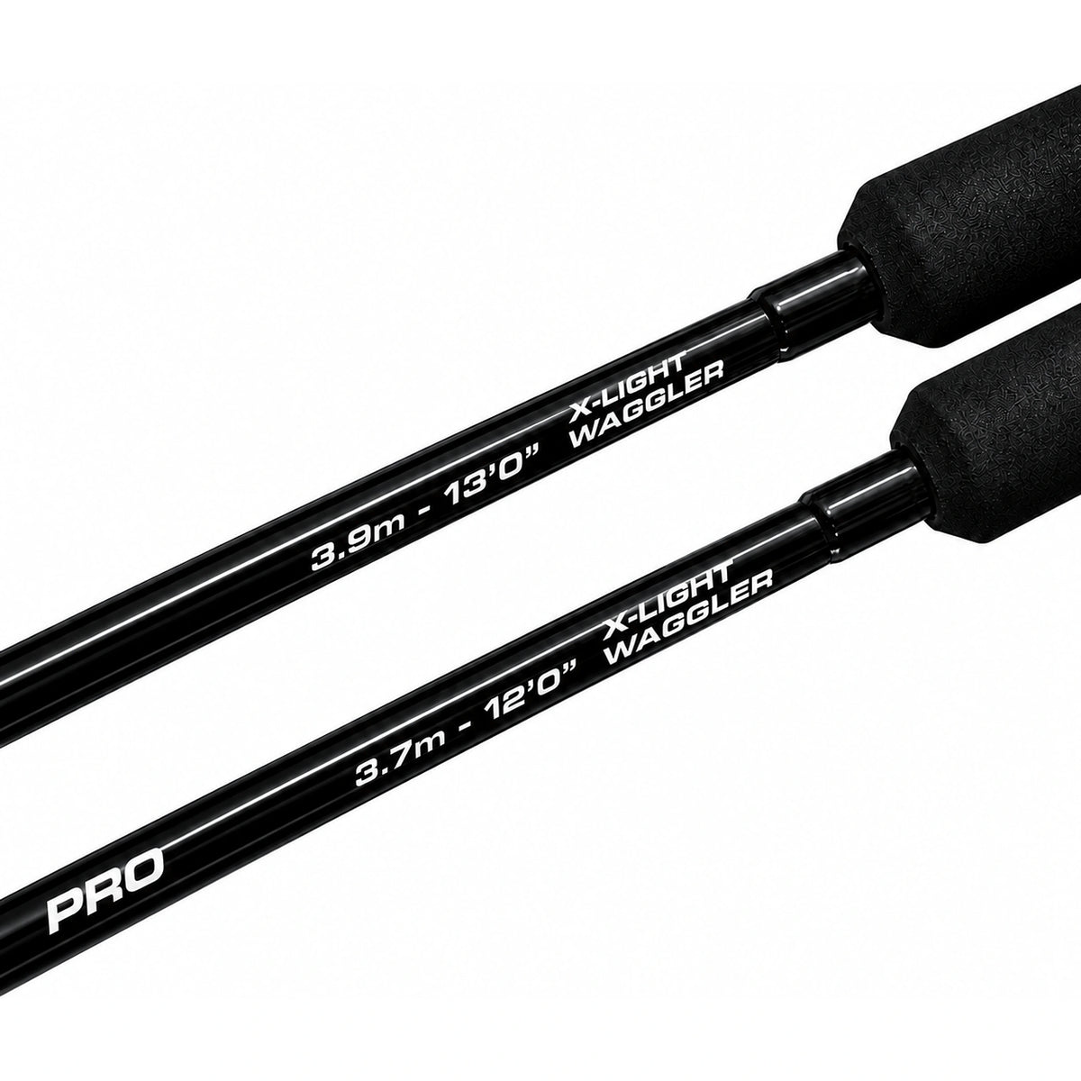 Matrix Horizon X Ultra Pro X Light Waggler – detail van zwarte hengels met lengteopschriften