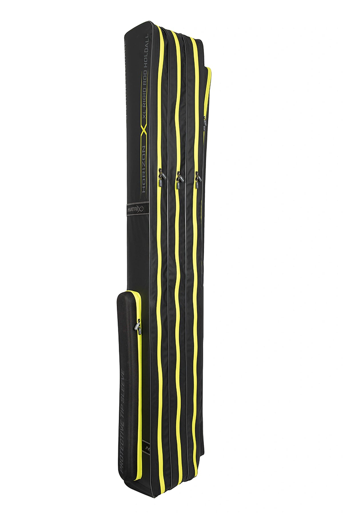Matrix Horizon X XL Rigid Rod Holdall 3-6 – andere zijde met XL-modelbedrukking, drie lange gele ritsen en toppenvak