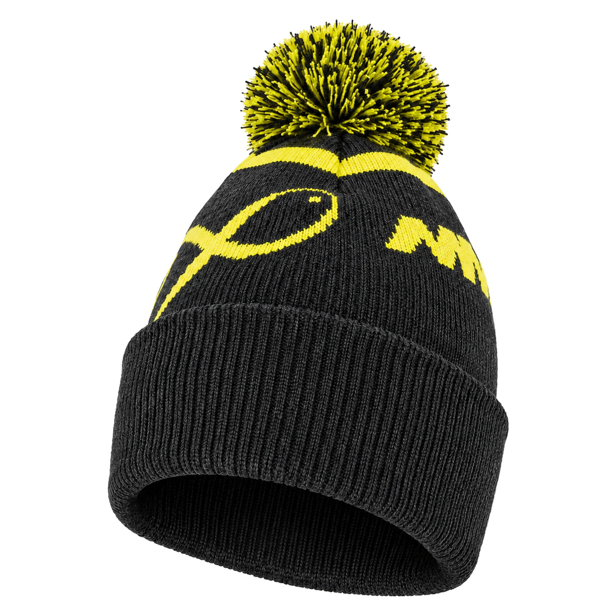 Matrix Lime & Grey Bobble Hat – volledige gebreide muts met pompon, limekleurig vislogo en omgeslagen grijze boord