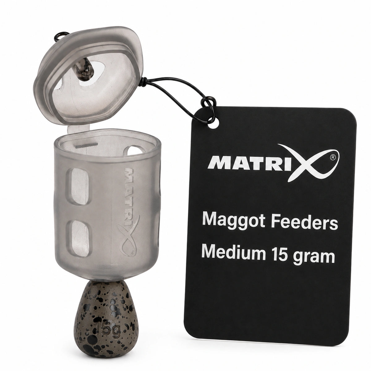 Matrix Maggot Feeders Medium 15 gram GFR310 – geopende madenkorf met presentatielabel