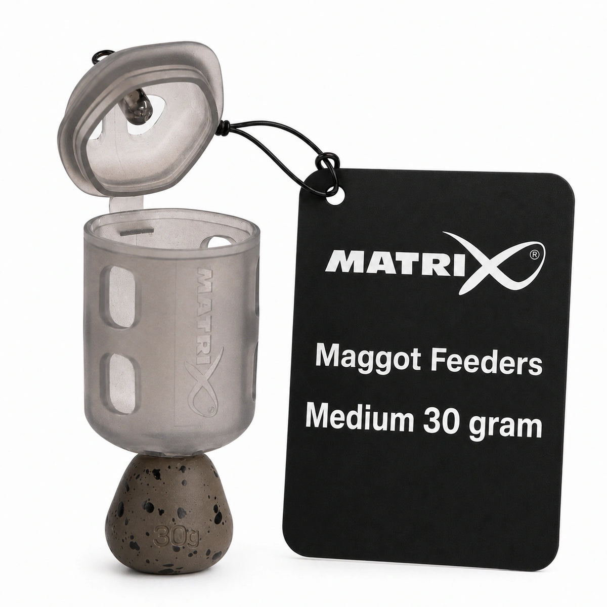 Matrix Maggot Feeders Medium 30 gram GFR312 – geopende madenkorf met presentatielabel