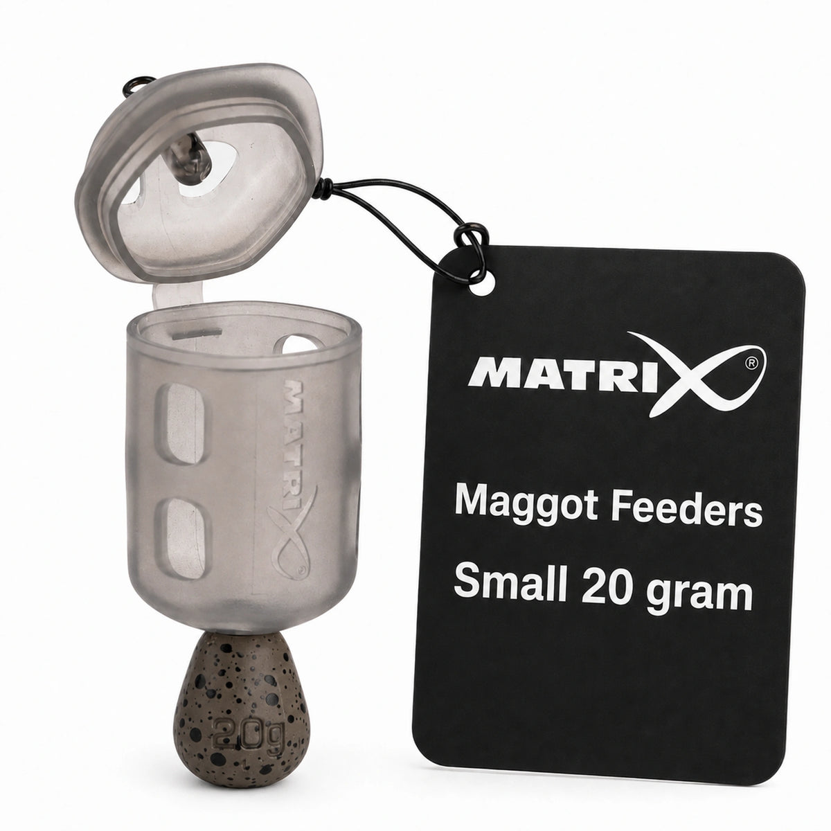 Matrix Maggot Feeders Small 20 gram GFR308 – geopende madenkorf met presentatielabel