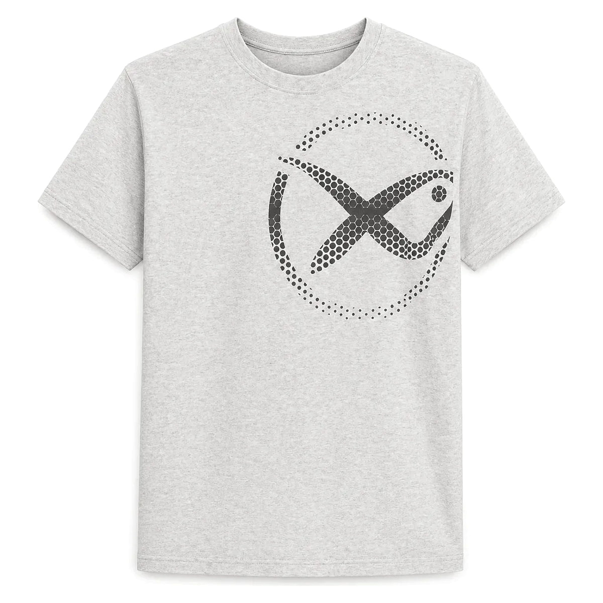 Matrix Mesh Logo T-shirt in grijs gemeleerd met grote zwarte mesh-visprint, volledig vooraanzicht