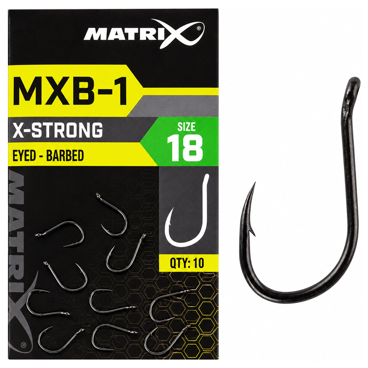 Matrix MXB-1 maat 18: zwart-gele verpakking met losse haken en een vergrote haak met oog en weerhaak