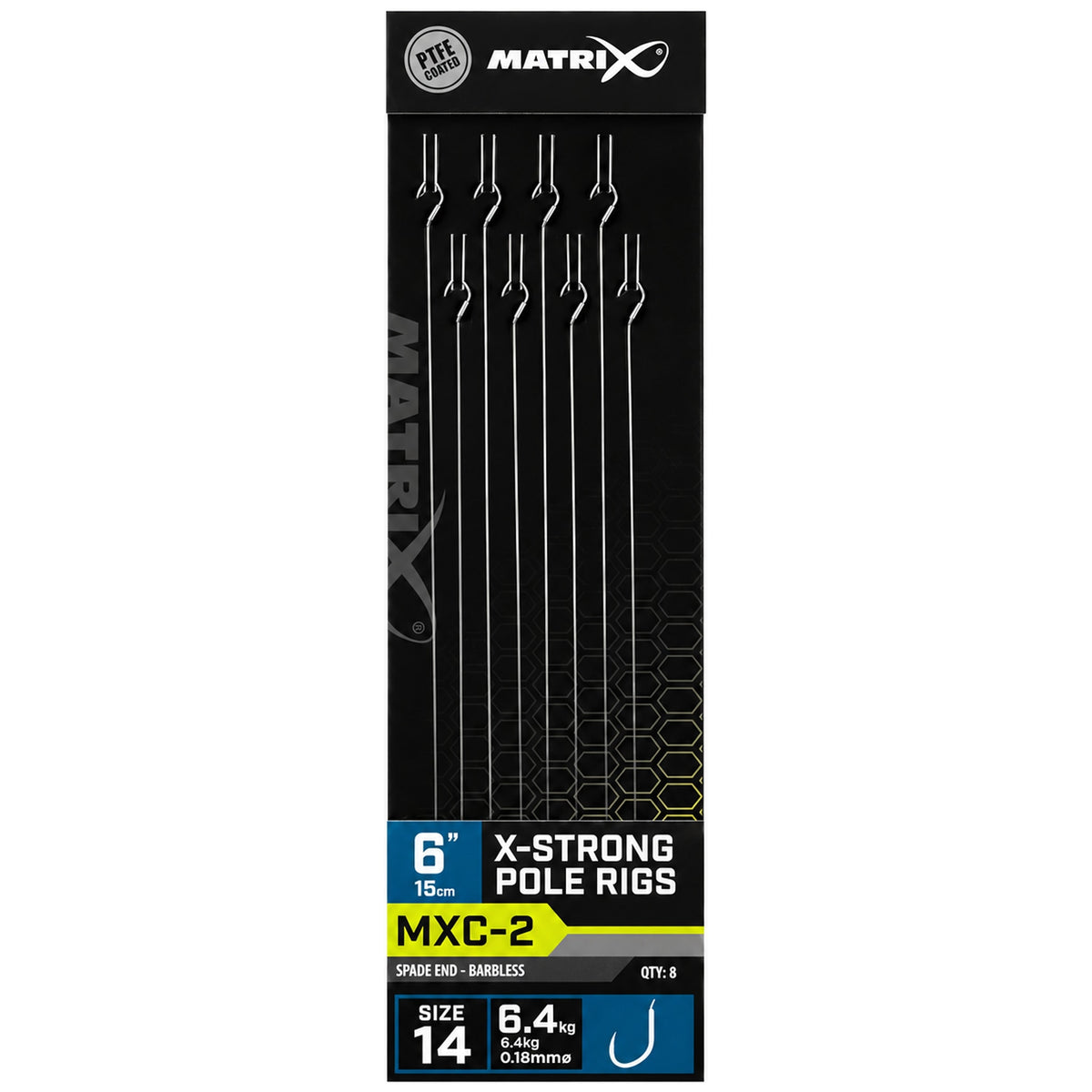 Matrix MXC-2-verpakking met acht onderlijnen, zichtbare haken en de opdruk 15 cm, maat 14 en 6.4 kg.