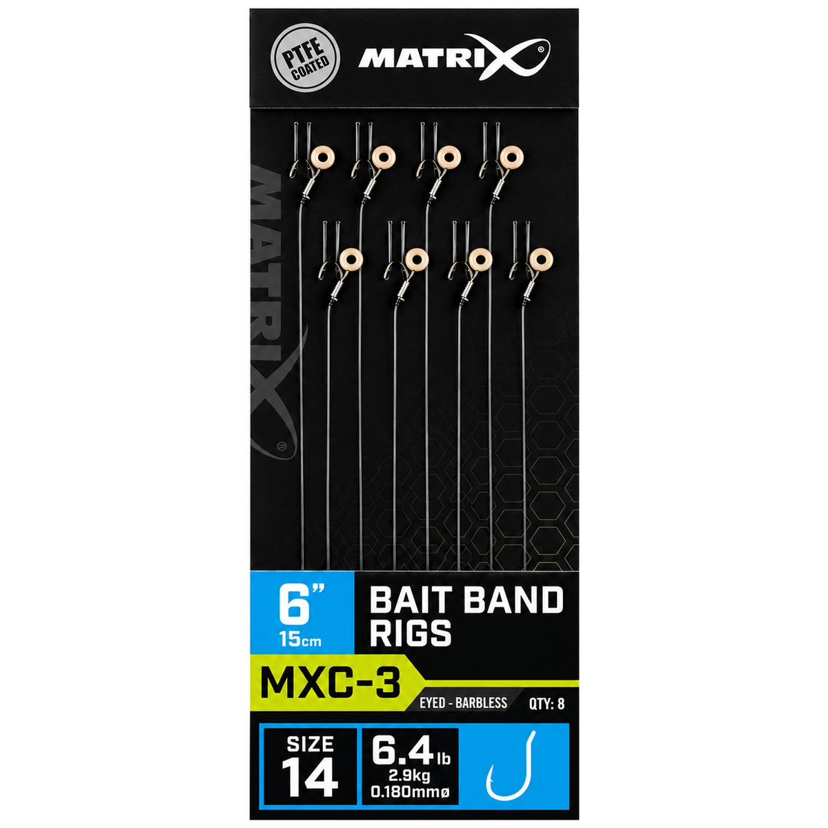 Matrix MXC-3-verpakking met acht onderlijnen en beige baitbands, met de opdruk 15 cm en maat 14.