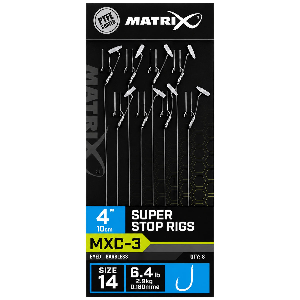 Matrix MXC-3-verpakking met acht onderlijnen en transparante Super Stops, met de opdruk 10 cm en maat 14.