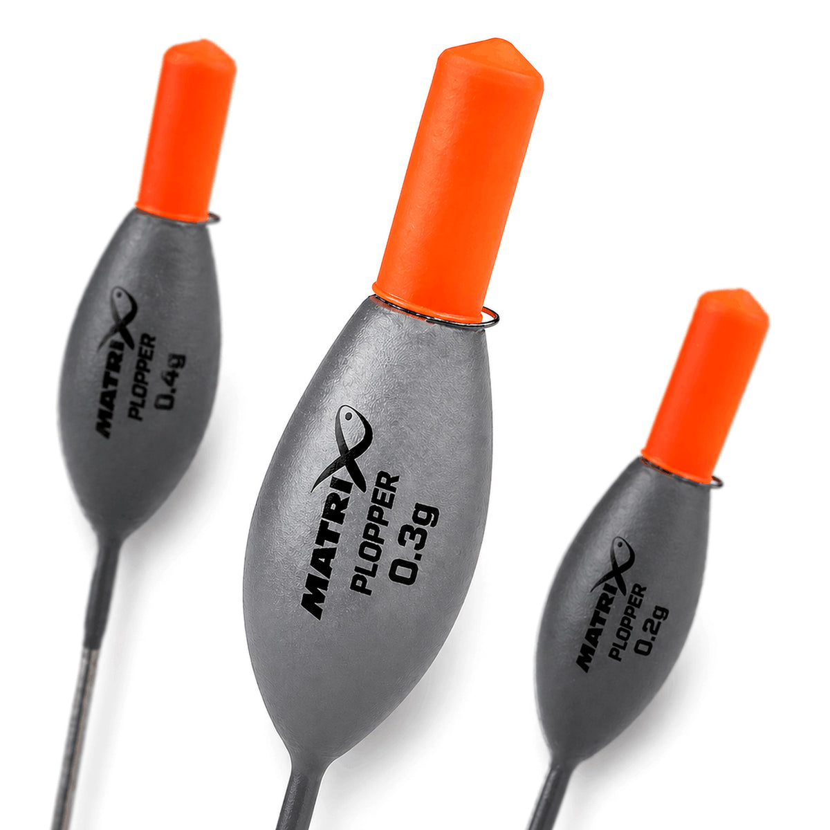 Matrix Plopper Pole Floats – drie ondiepwaterdobbers, met 0.3 g centraal en 0.4 g en 0.2 g ernaast