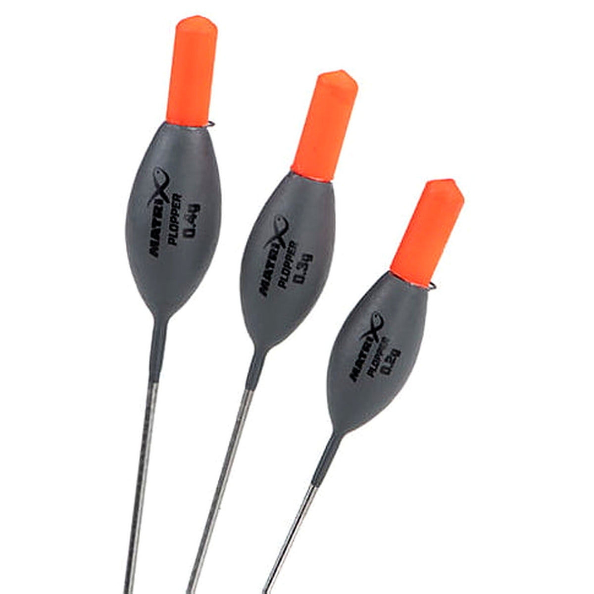 Matrix Plopper Pole Floats – drie schuine aanzichten met oranje antennes en zichtbare draagvermogens