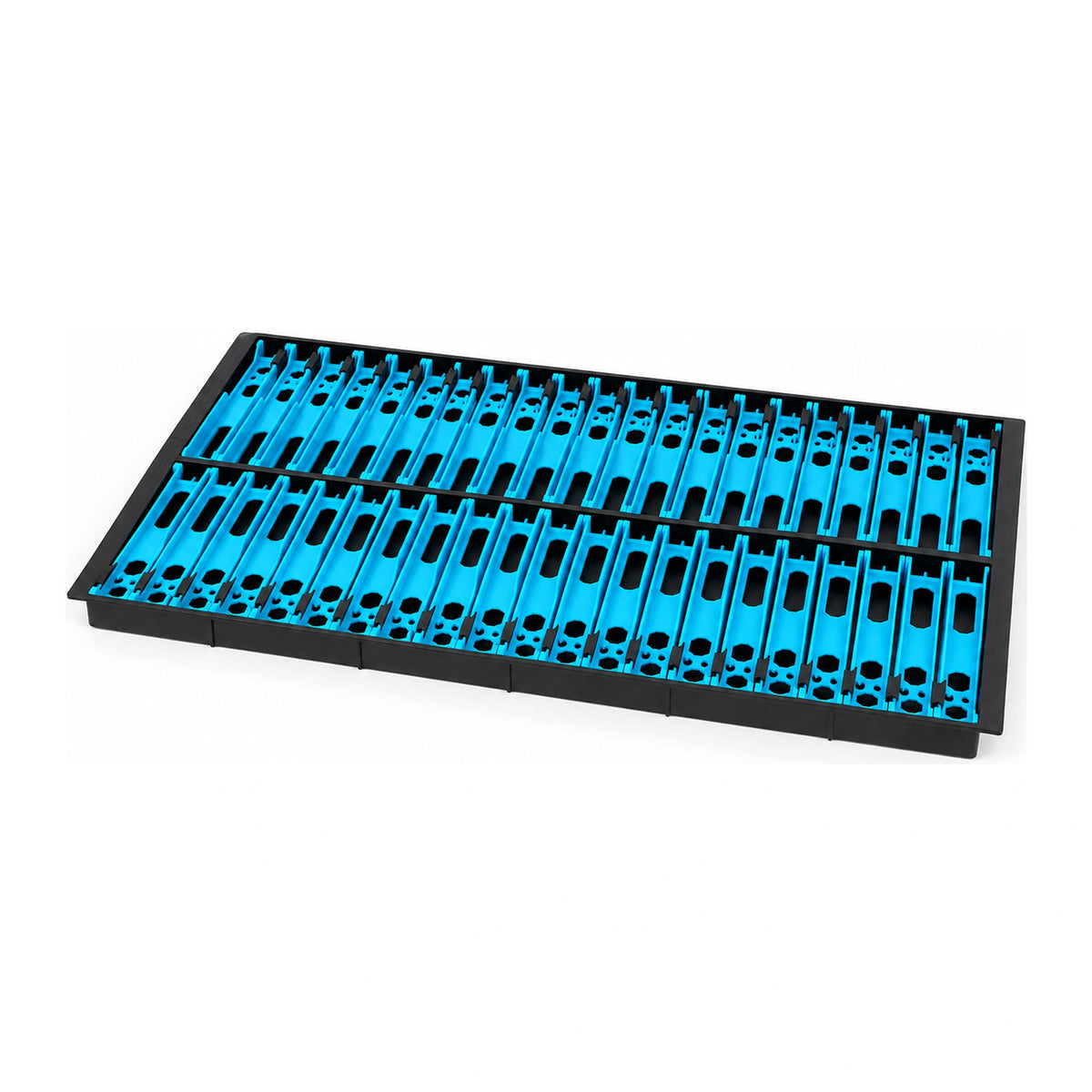 Matrix Pole Winders Loaded Tray – lichtblauwe korte tuigenplankjes in twee rijen met zwarte clips en een dunne zwarte lade