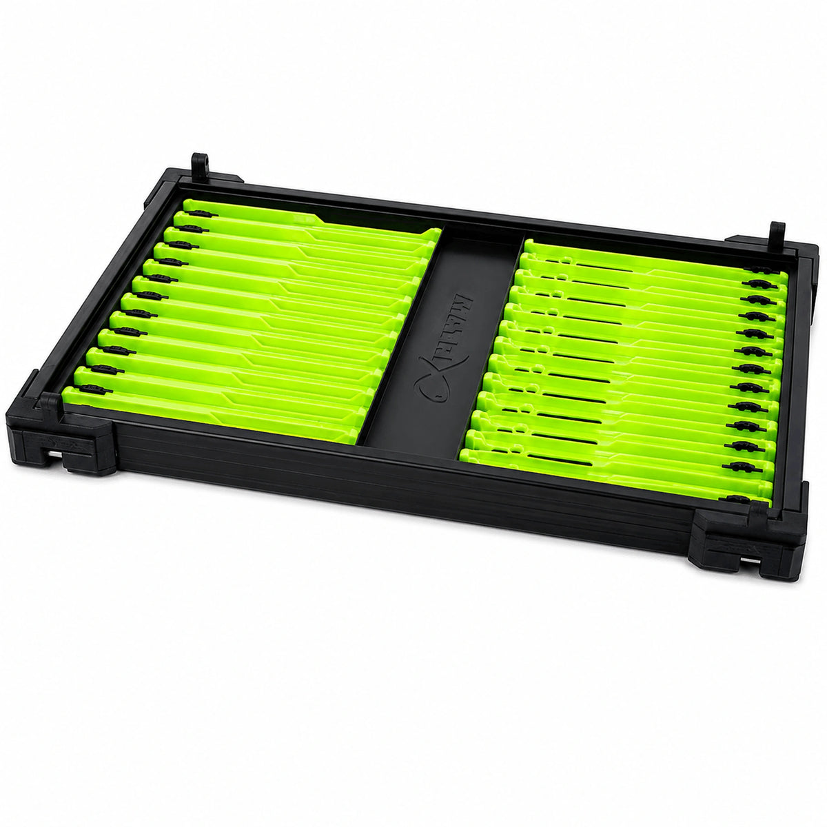Matrix Pole Winders Loaded Tray – groene plankjes in twee rijen, met compleet zwart buitenframe, rails en sluitingen
