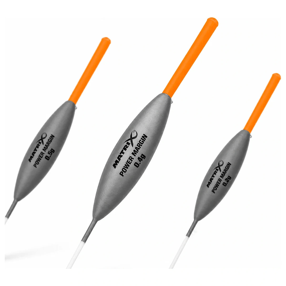 Drie Matrix Power Margin dobbers met grijze lichamen en oranje antennes