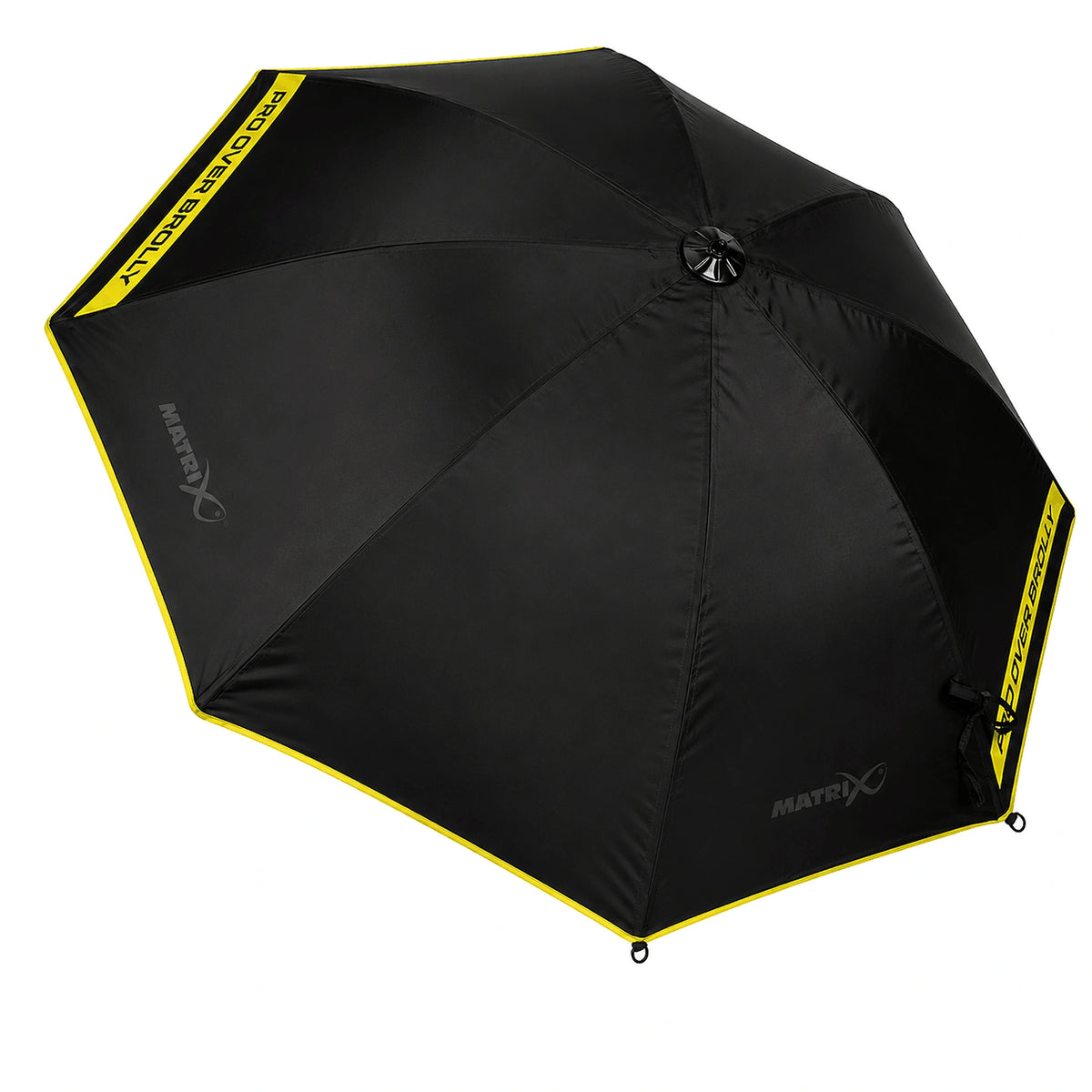 Matrix Pro Over Brolly 45 Inch – volledig bovenaanzicht van het zwarte parapludoek met gele rand, Matrix-logo’s en centrale top