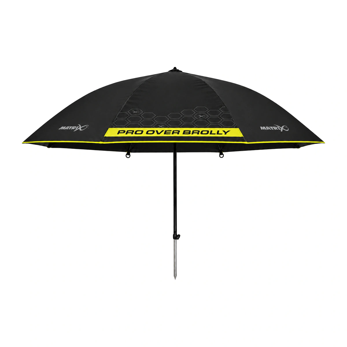 Matrix Pro Over Brolly 45 Inch GUM011 – geopende zwarte visparaplu met gele PRO OVER BROLLY-band en volledige centrale steel