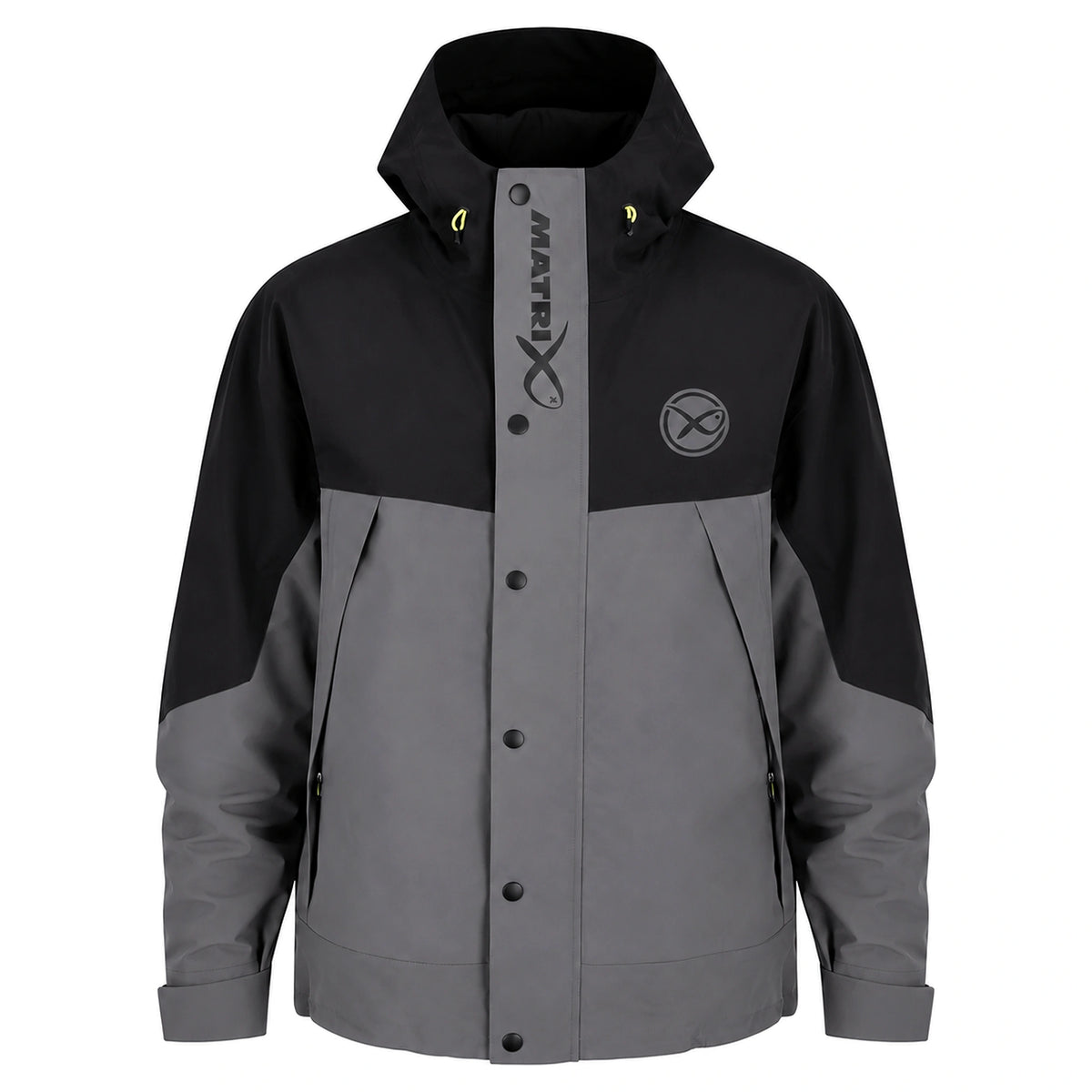 Matrix PRO-X Outer Shell Jacket – vooraanzicht van de zwart-grijze regenjas met capuchon