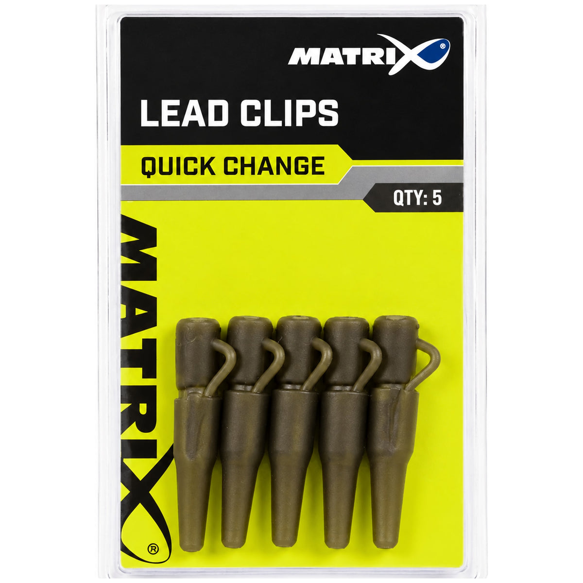 Matrix-blister met vijf olijfbruine snelwisselclips naast elkaar, opdruk Lead Clips, Quick Change en Qty 5 op zwart-gele kaart.